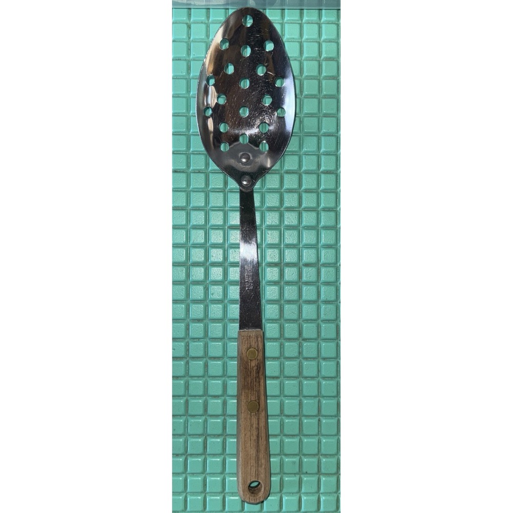 Vtg Robinson Slotted Stainless Wood Handle USA Serving Cooking Spoon Utensil
